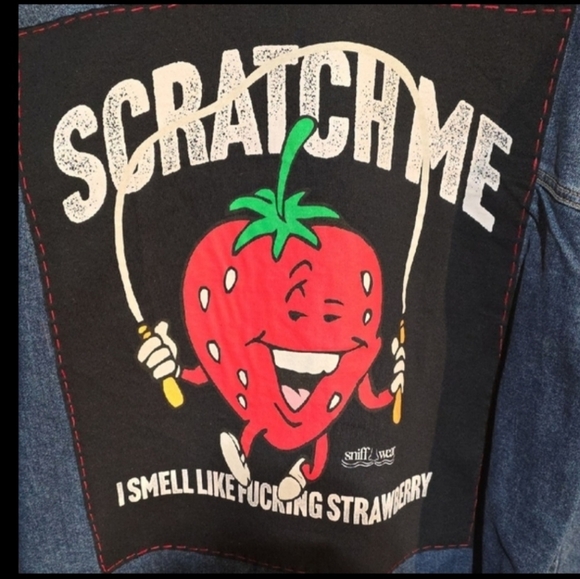 Upcycled Denim Jean Jacket with Strawberry Graphic - Picture 12 of 12